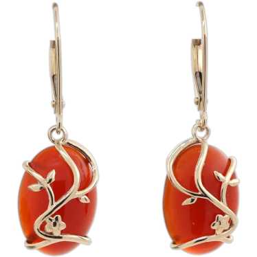 Oval Cabochon Carnelian Drop Dangle Earrings 14K … - image 1