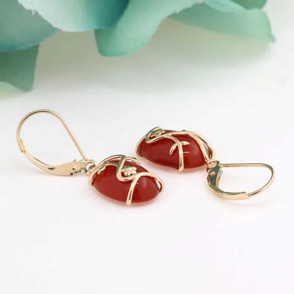 Oval Cabochon Carnelian Drop Dangle Earrings 14K … - image 3