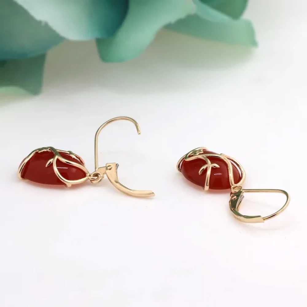 Oval Cabochon Carnelian Drop Dangle Earrings 14K … - image 4