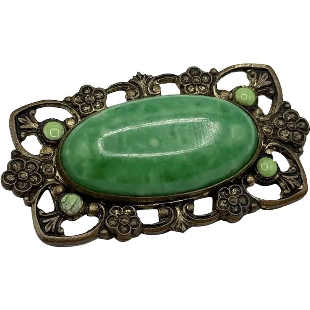 Vintage 1930's Oval Green Celluloid Floral Pin Br… - image 1