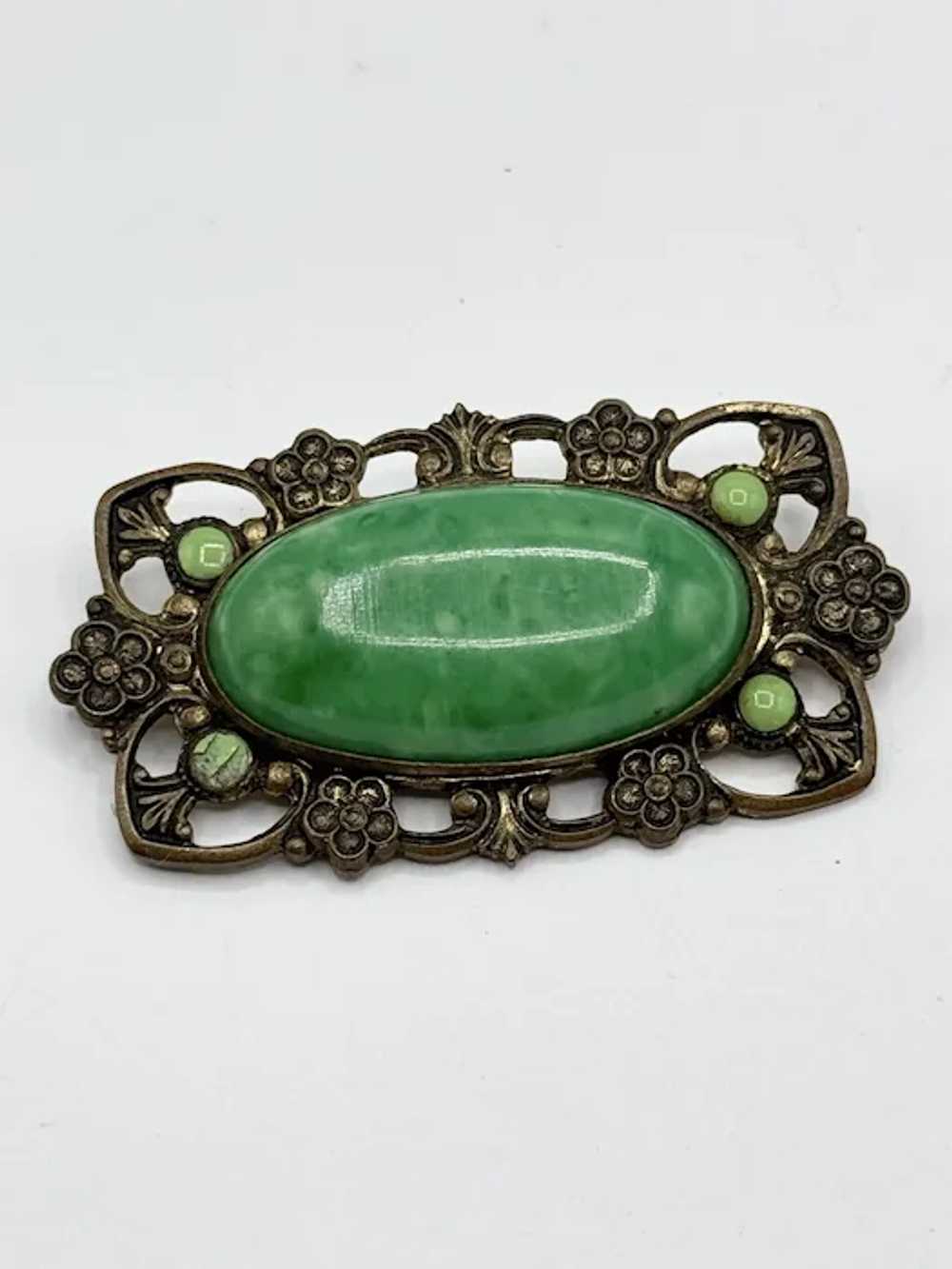 Vintage 1930's Oval Green Celluloid Floral Pin Br… - image 2