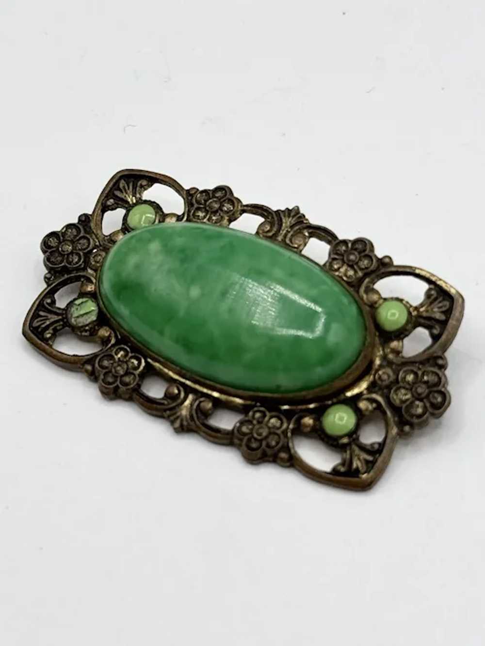 Vintage 1930's Oval Green Celluloid Floral Pin Br… - image 3