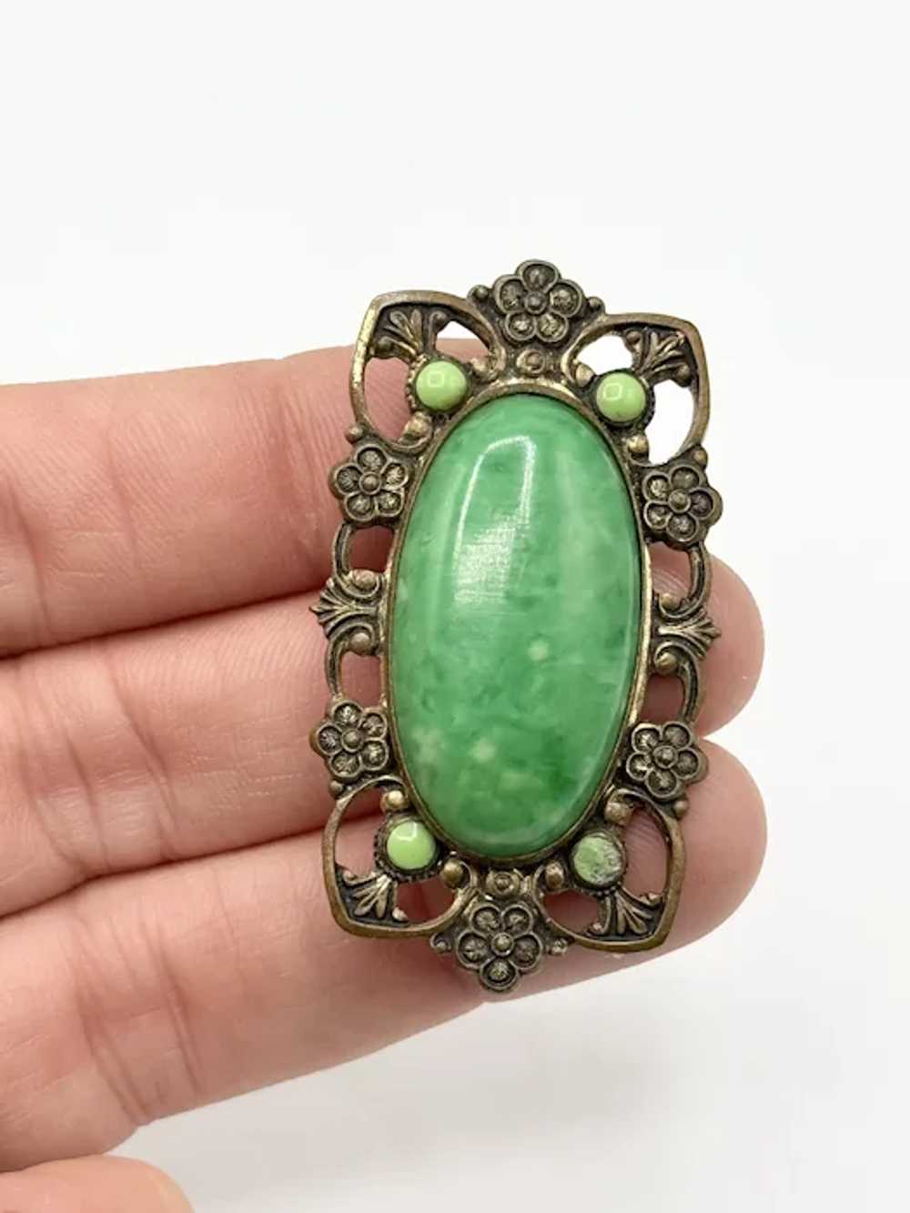 Vintage 1930's Oval Green Celluloid Floral Pin Br… - image 4