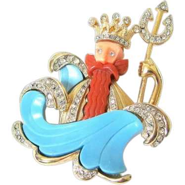 Rare King Neptune Celluloid Rhinestone Figural Bro