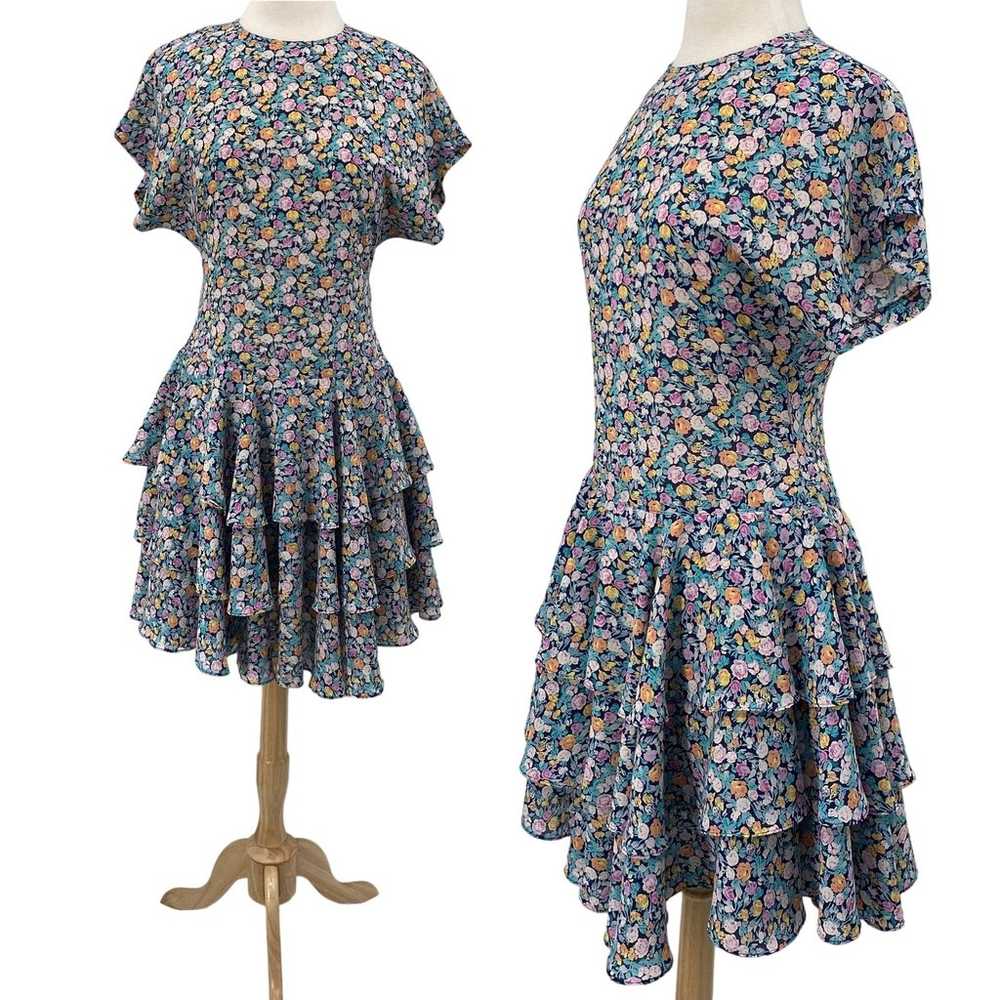 Vintage 80s Fit & Flare Floral Print Dress Ruffle… - image 1