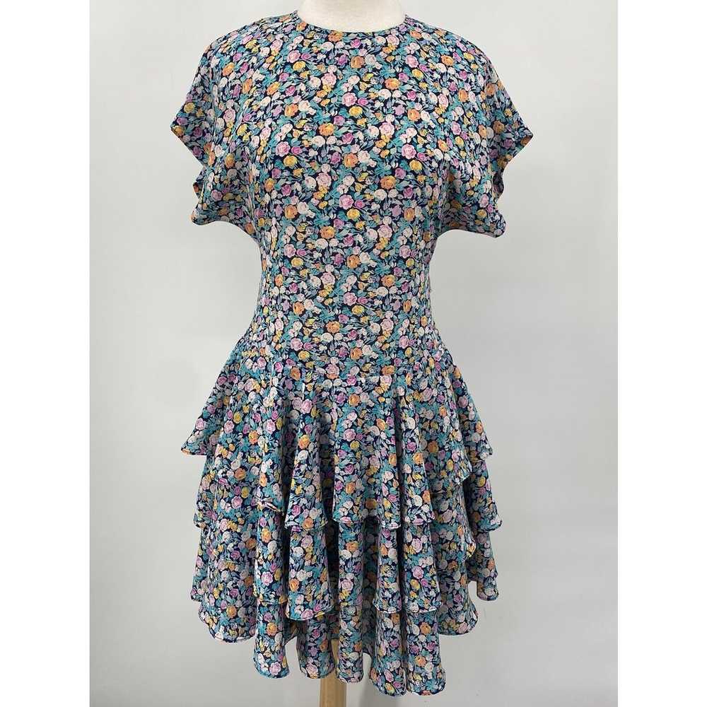 Vintage 80s Fit & Flare Floral Print Dress Ruffle… - image 2