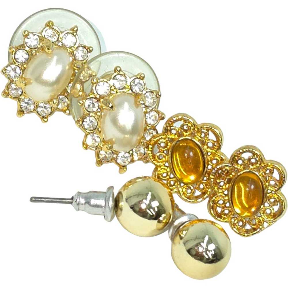 Vintage Roman Pearl Crystal Gold Tone Stud Earrin… - image 1