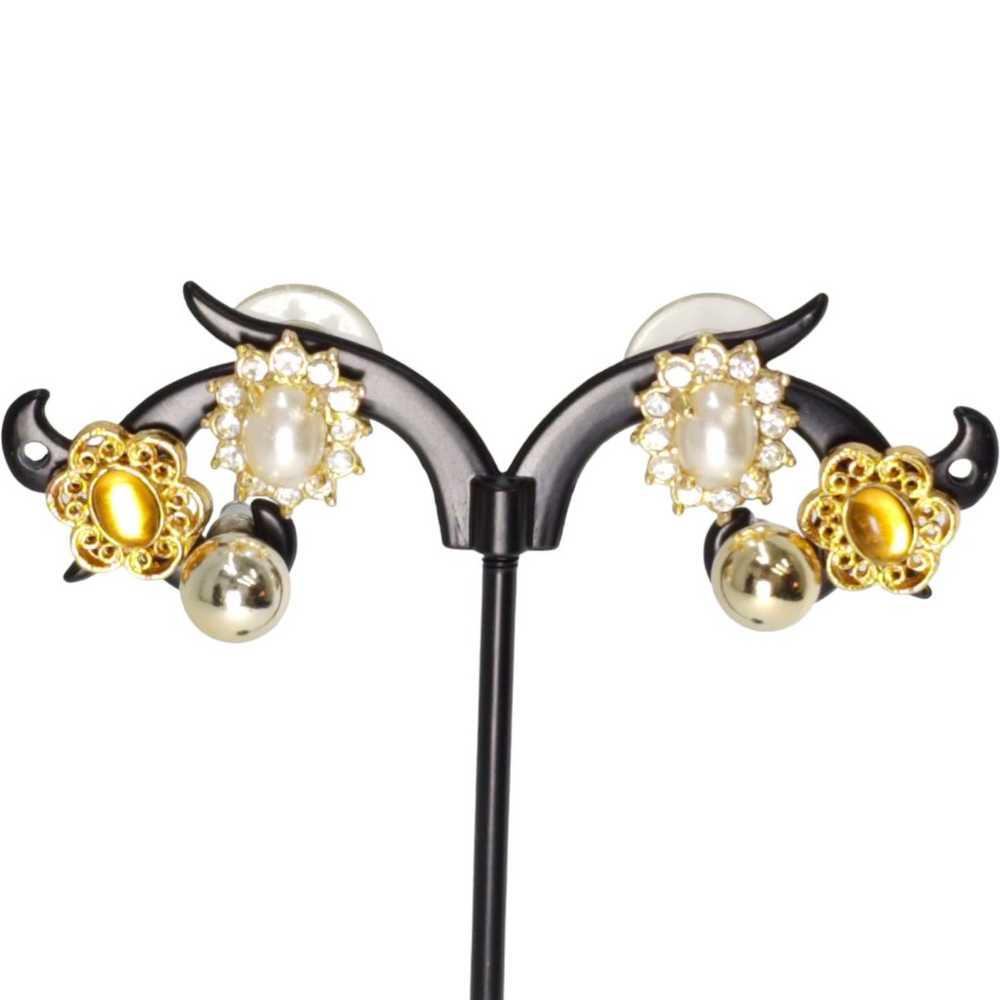 Vintage Roman Pearl Crystal Gold Tone Stud Earrin… - image 2