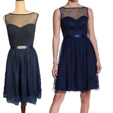 Eliza J Sleeveless Illusion Neckline Belted Dress 