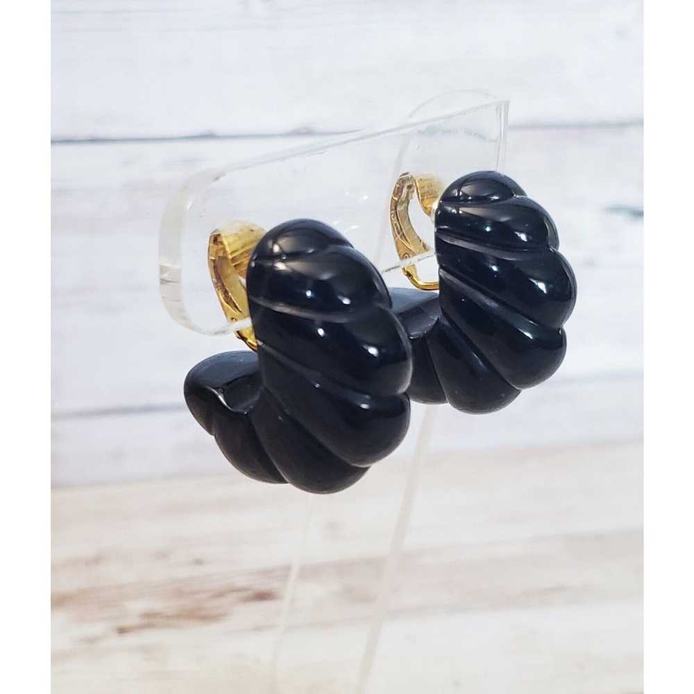 Vintage Clip On Earrings - Chunky Ribbed Black Ho… - image 1