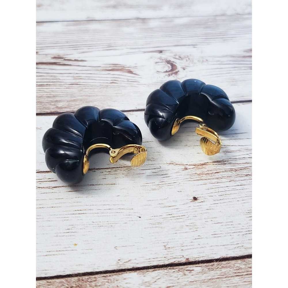 Vintage Clip On Earrings - Chunky Ribbed Black Ho… - image 2