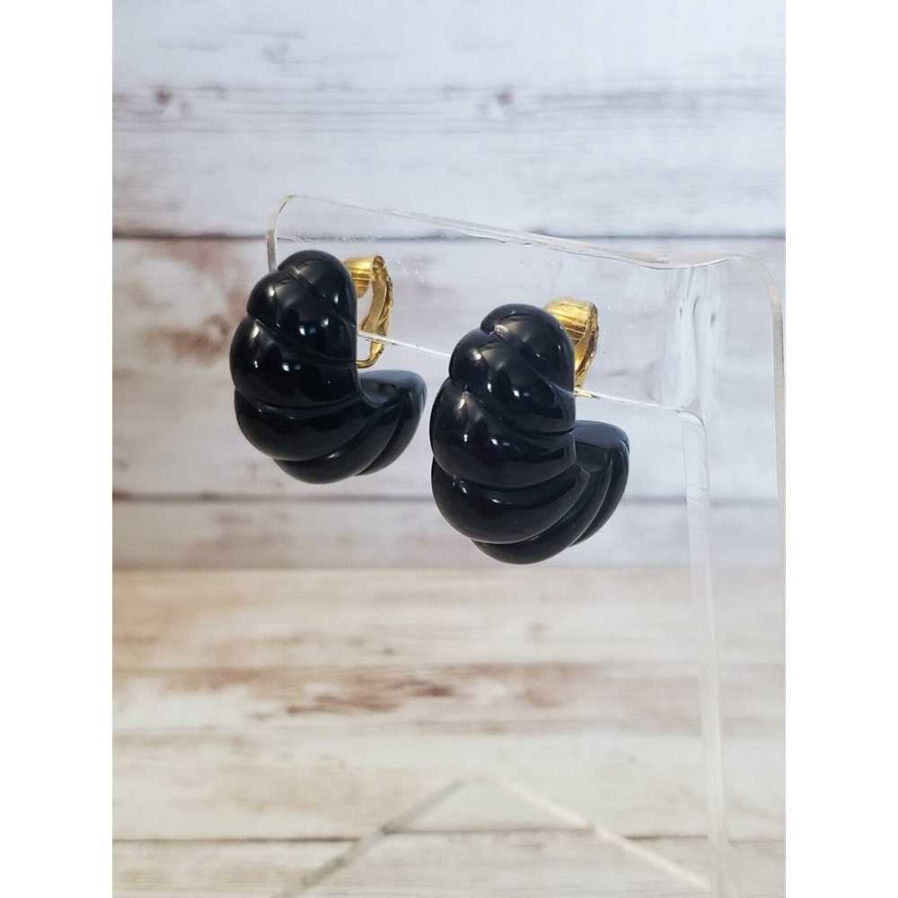 Vintage Clip On Earrings - Chunky Ribbed Black Ho… - image 6