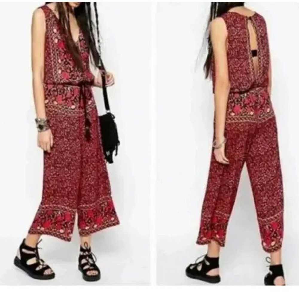 Free People Boho Red Black Floral Crop Jumpsuit S… - image 1