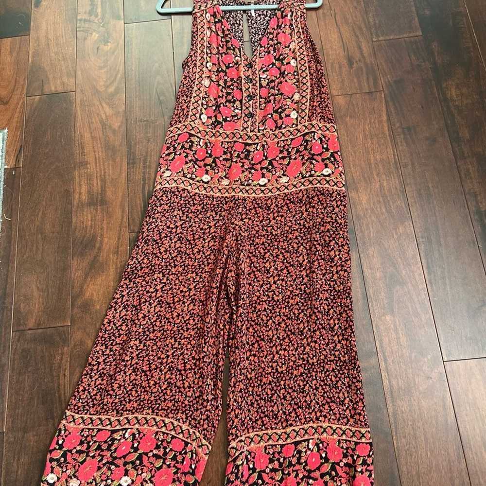 Free People Boho Red Black Floral Crop Jumpsuit S… - image 9