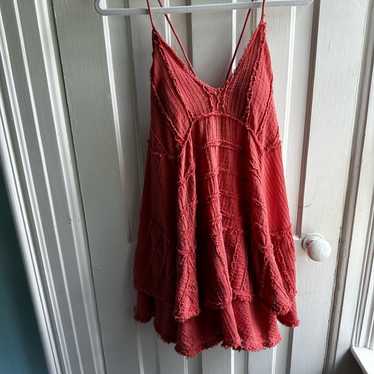 Free People Gauzy Frayed Edge Mini Dress Coral