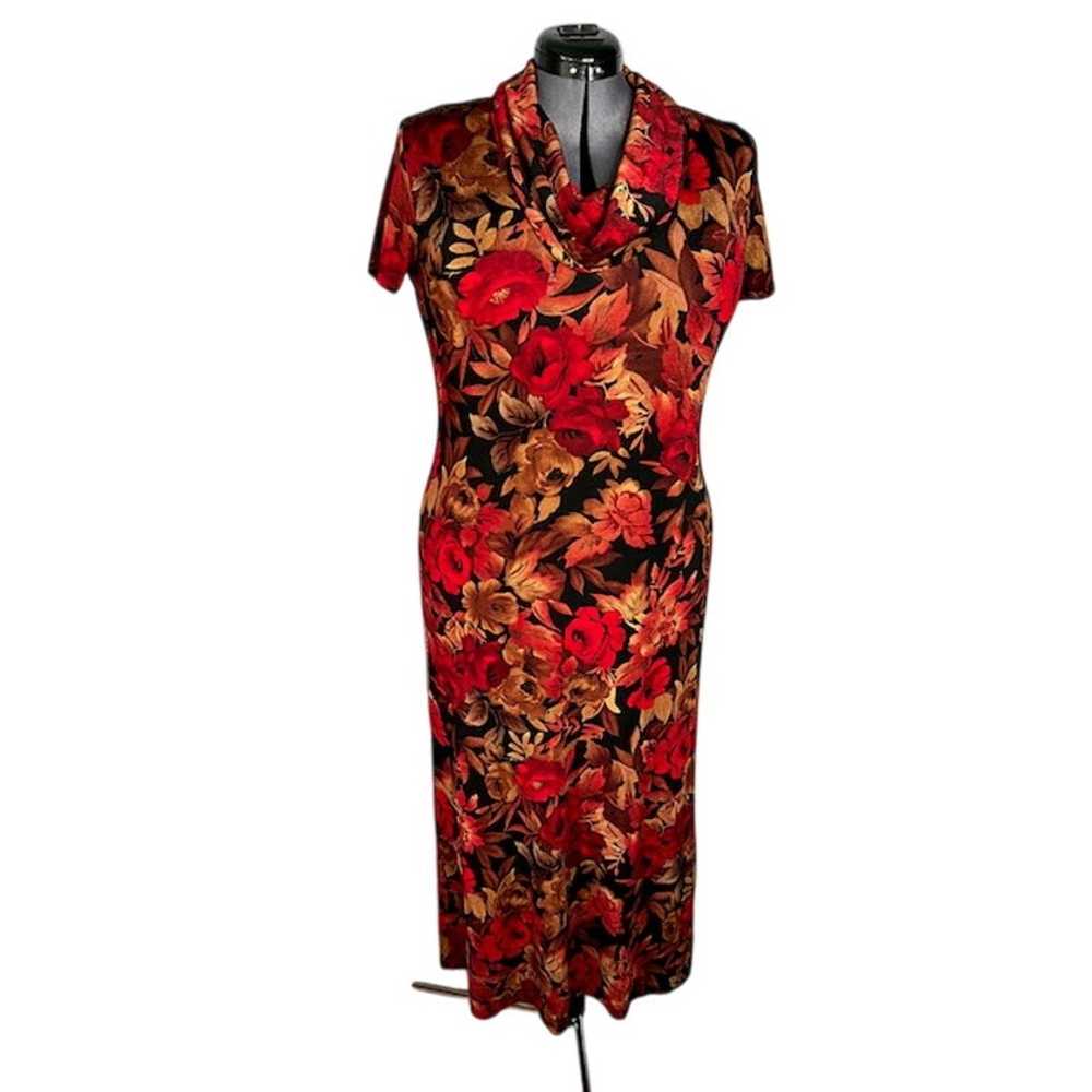 maxi dress 1990s knit floral leaves red orange - image 1