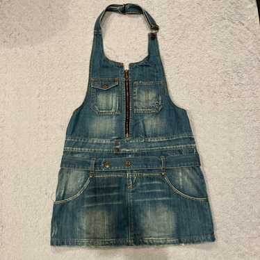 Denim jumper skirt, mini length, halter neck. - image 1