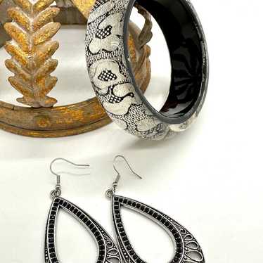 Black & Silver Bangle & Rhinestone  Earrings - image 1