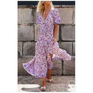 Bohemian Purple Floral Print Cotton Midi Dress