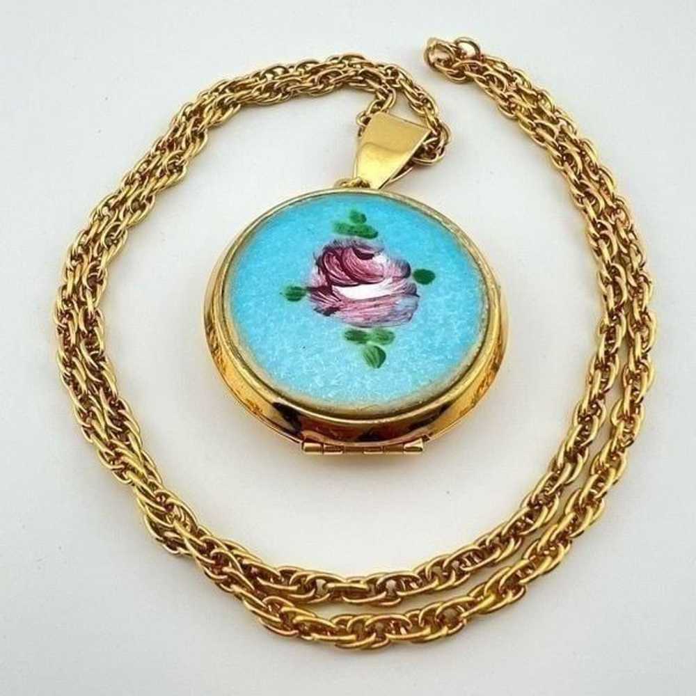 Vintage Guilloche Locket Blue with Roses 2 Pictur… - image 1