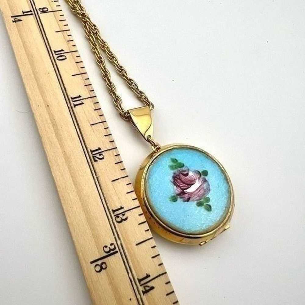 Vintage Guilloche Locket Blue with Roses 2 Pictur… - image 5