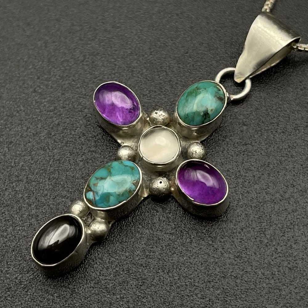 Vtg Sterling Gemstone Cross Pendant Necklace Turq… - image 1