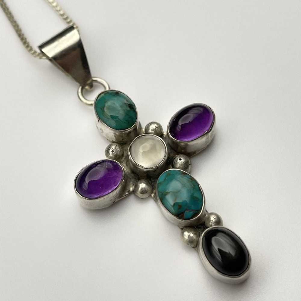 Vtg Sterling Gemstone Cross Pendant Necklace Turq… - image 3