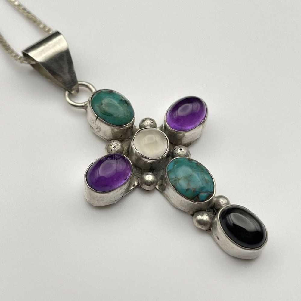 Vtg Sterling Gemstone Cross Pendant Necklace Turq… - image 6