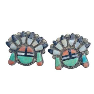 Vintage Zuni Sun God Sterling Silver Earrings - Na