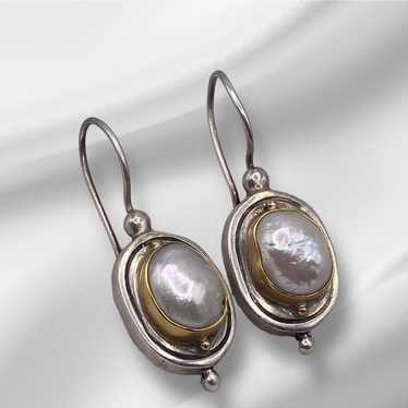 Vintage Gold 22k And Silver Mabe Pearls Earrings - image 1