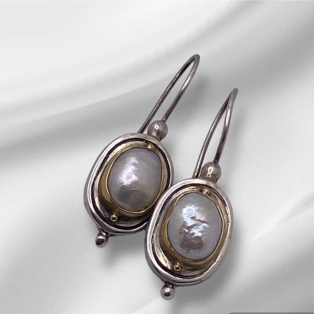 Vintage Gold 22k And Silver Mabe Pearls Earrings - image 5