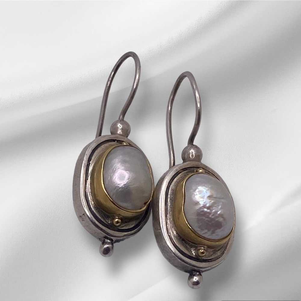 Vintage Gold 22k And Silver Mabe Pearls Earrings - image 7