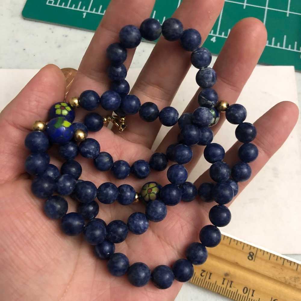 Genuine 8mm lapis beaded necklace in 14k solid go… - image 2