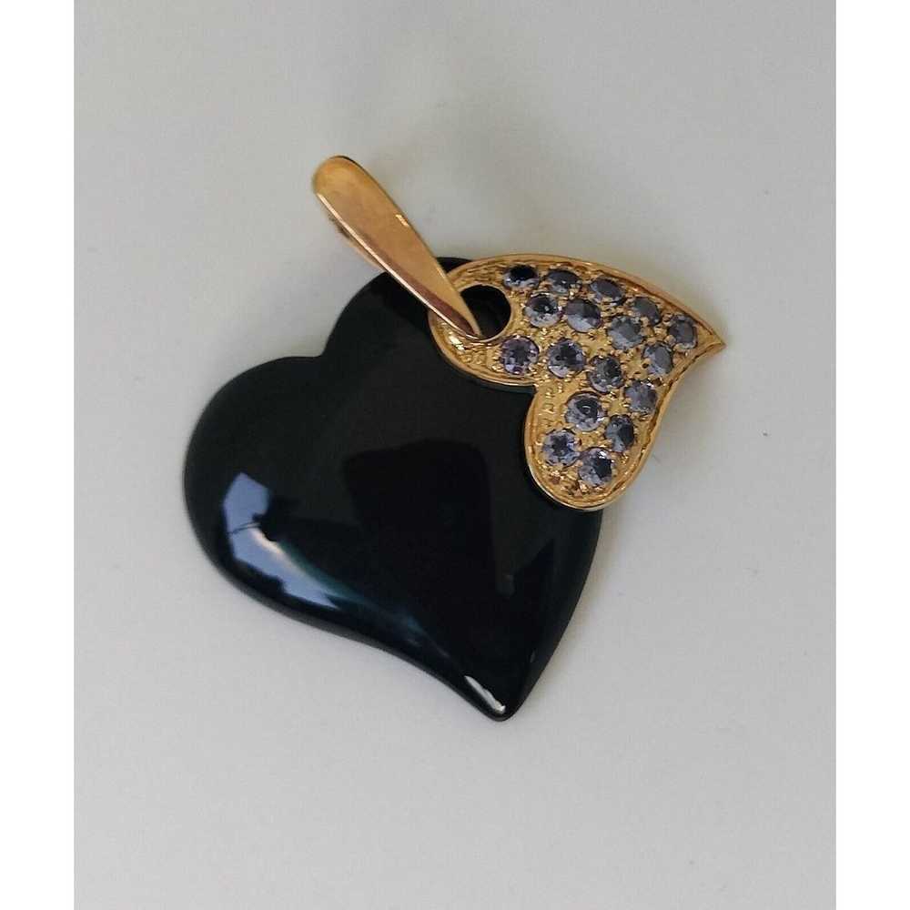 HN 14K Gold Black Jade Pendent Double Heart Sapph… - image 1