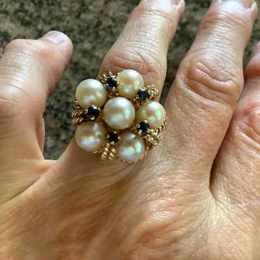 14K Yellow Gold Vintage Pearl/Blue Sapph