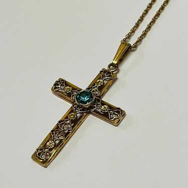 Vintage 14K Yellow Gold Filigree Cross Topaz Pend… - image 1