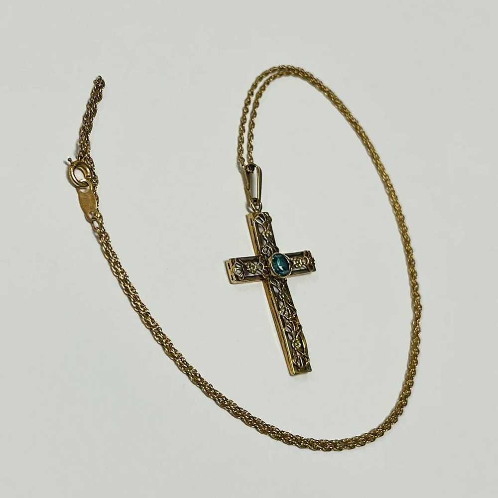 Vintage 14K Yellow Gold Filigree Cross Topaz Pend… - image 3