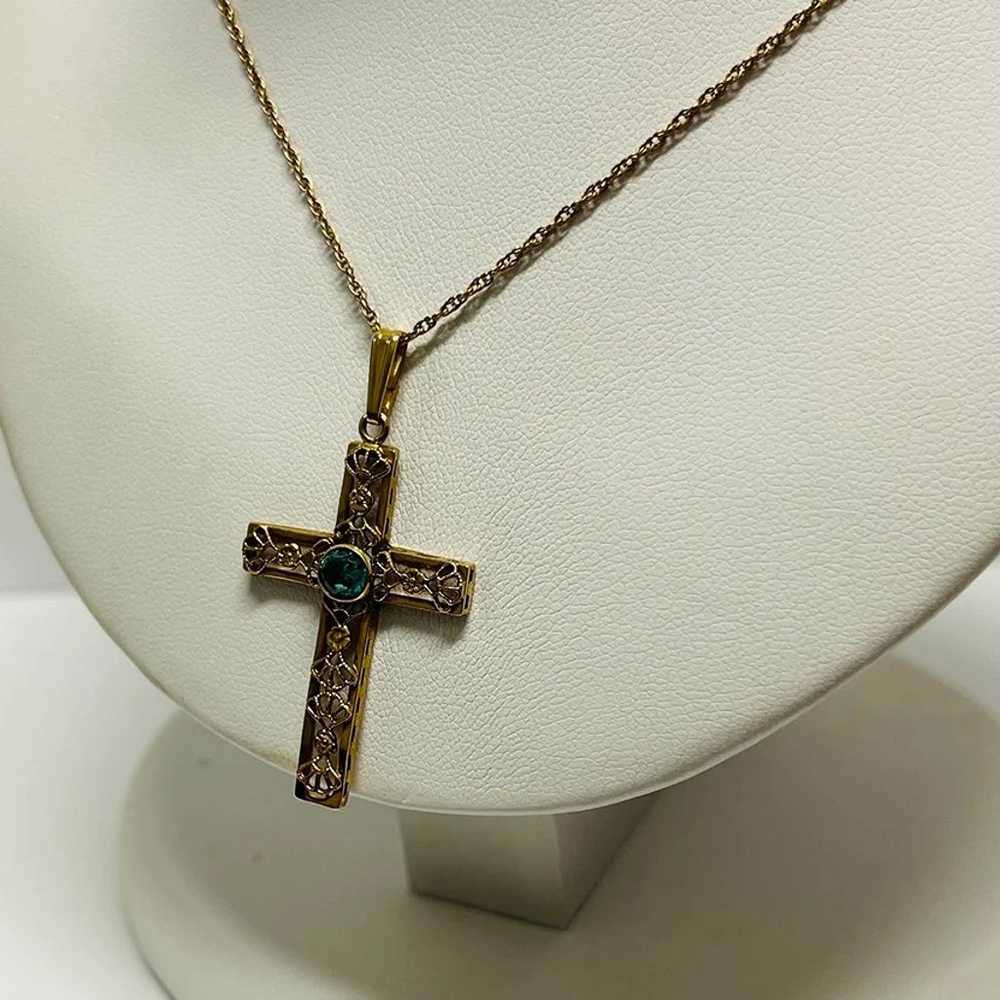 Vintage 14K Yellow Gold Filigree Cross Topaz Pend… - image 6