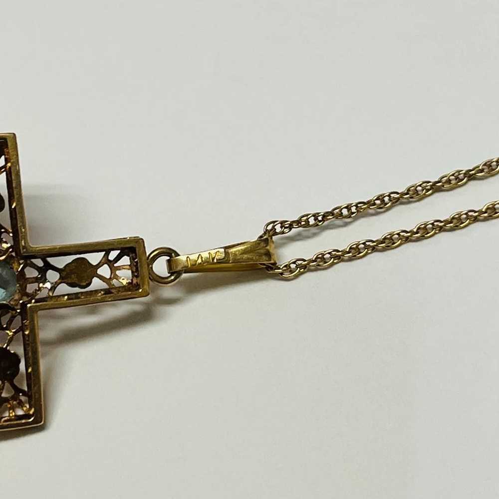 Vintage 14K Yellow Gold Filigree Cross Topaz Pend… - image 7