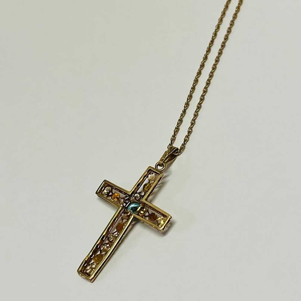 Vintage 14K Yellow Gold Filigree Cross Topaz Pend… - image 8