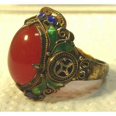 Antique Chinese Gilt Silver Enamel Carnelian Ring