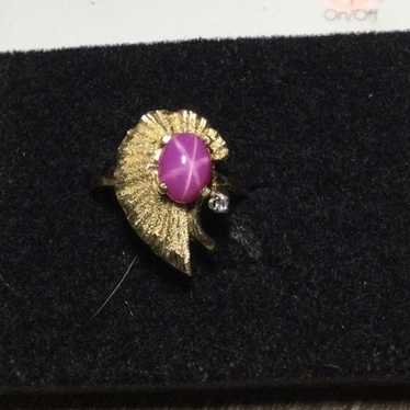 14KT YELLOW GOLD RUBY STARBURST & DIAMOND RING