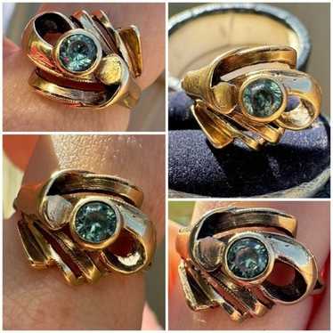 Antique solid 14k yellow gold genuine blue zircon 