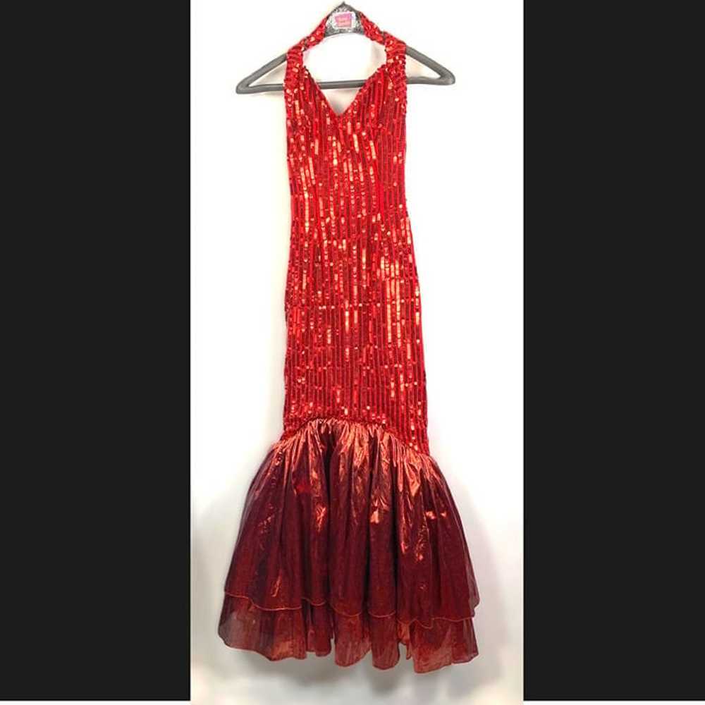 80s Vintage Sequin Party Dress NYE Mermaid Ruffle… - image 1