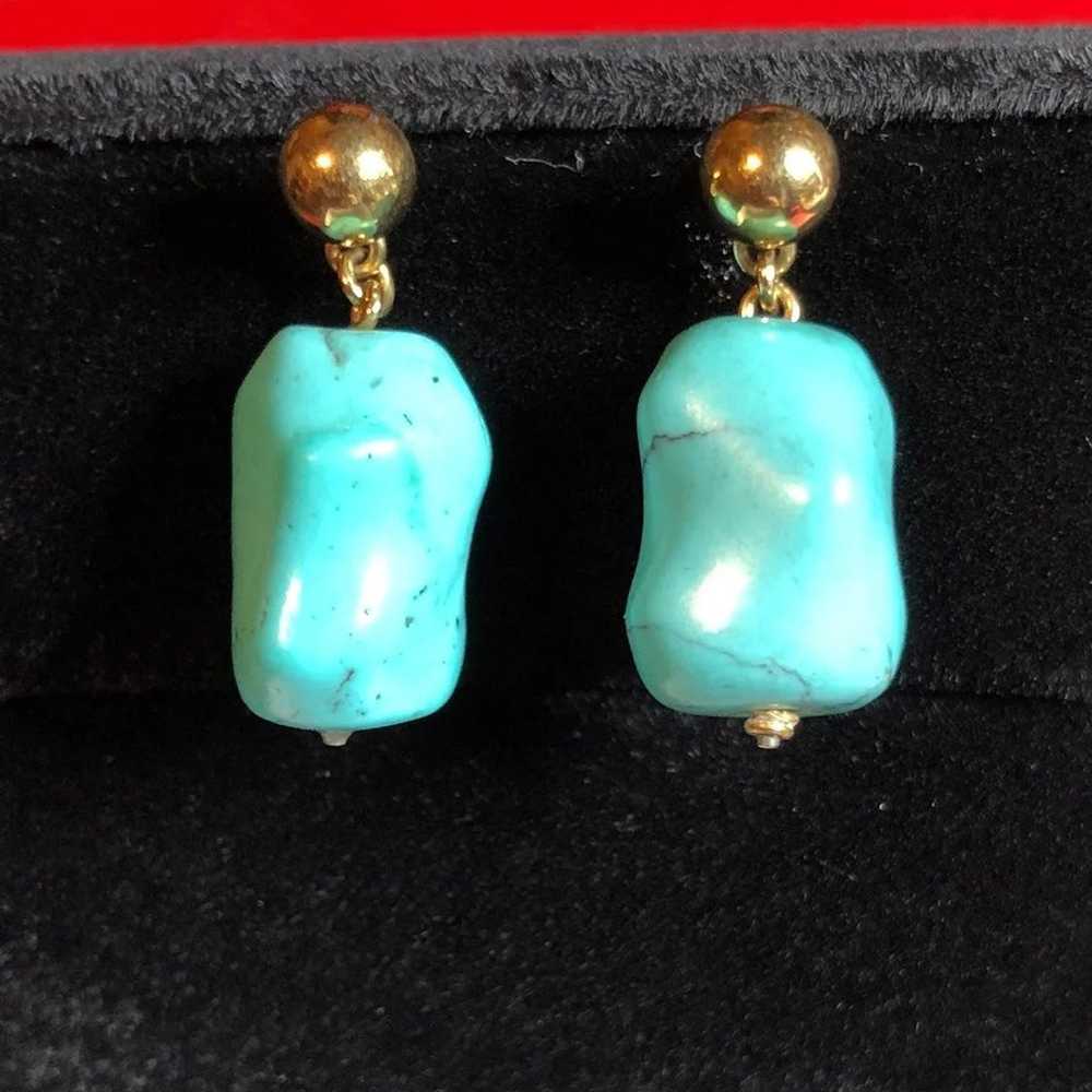 Heavy 14KT Turquoise Dangle Earrings - image 3