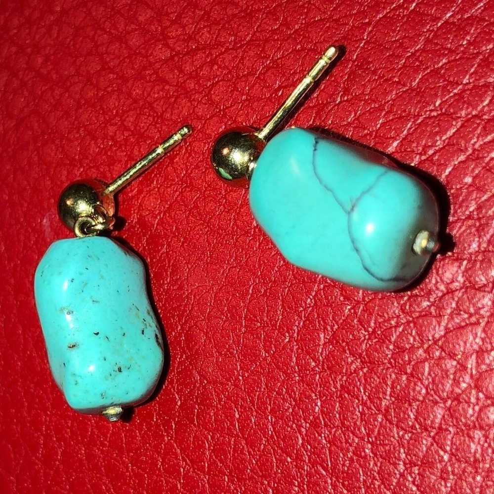 Heavy 14KT Turquoise Dangle Earrings - image 7