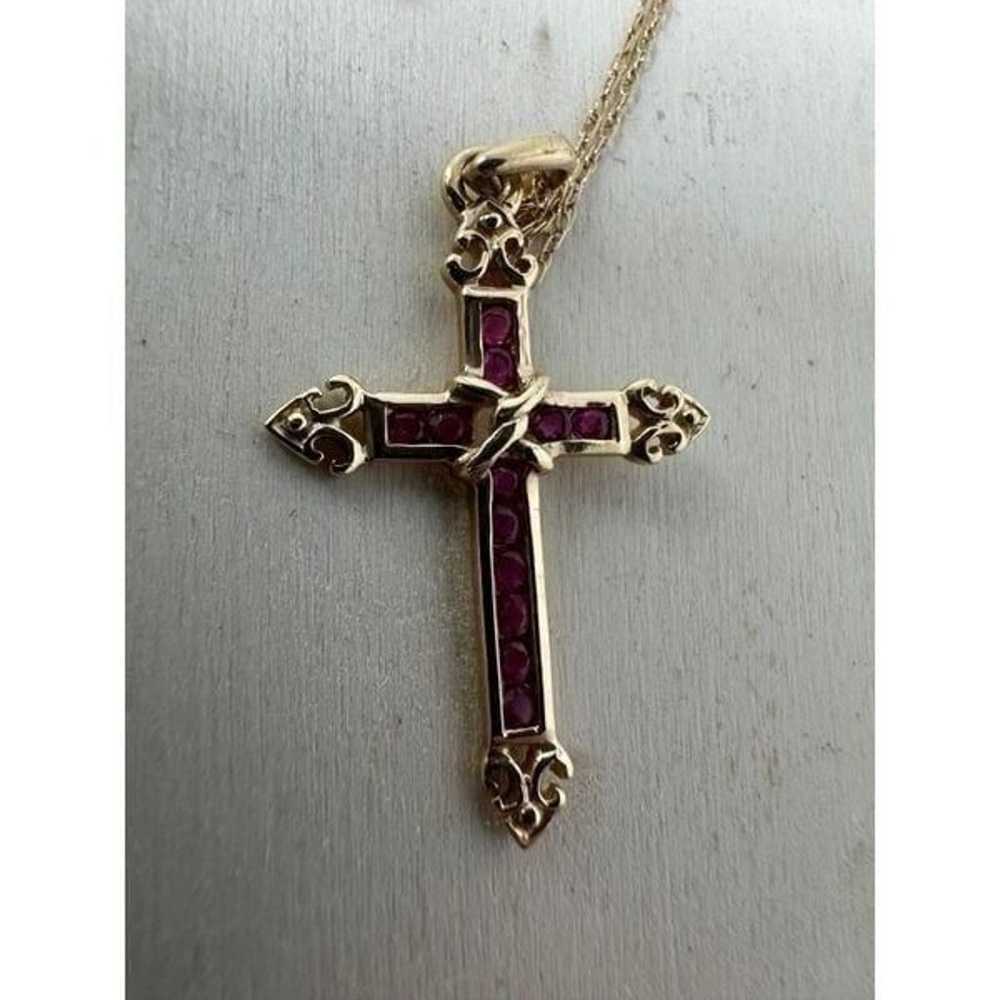 Vintage 14k Gold Ruby Gothic Cross Estate Necklace - image 2