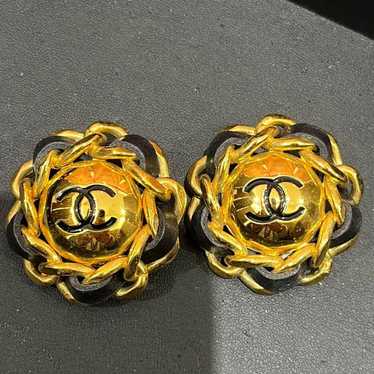 CHANEL Gold Black Earrings - Chanel Coco Mark