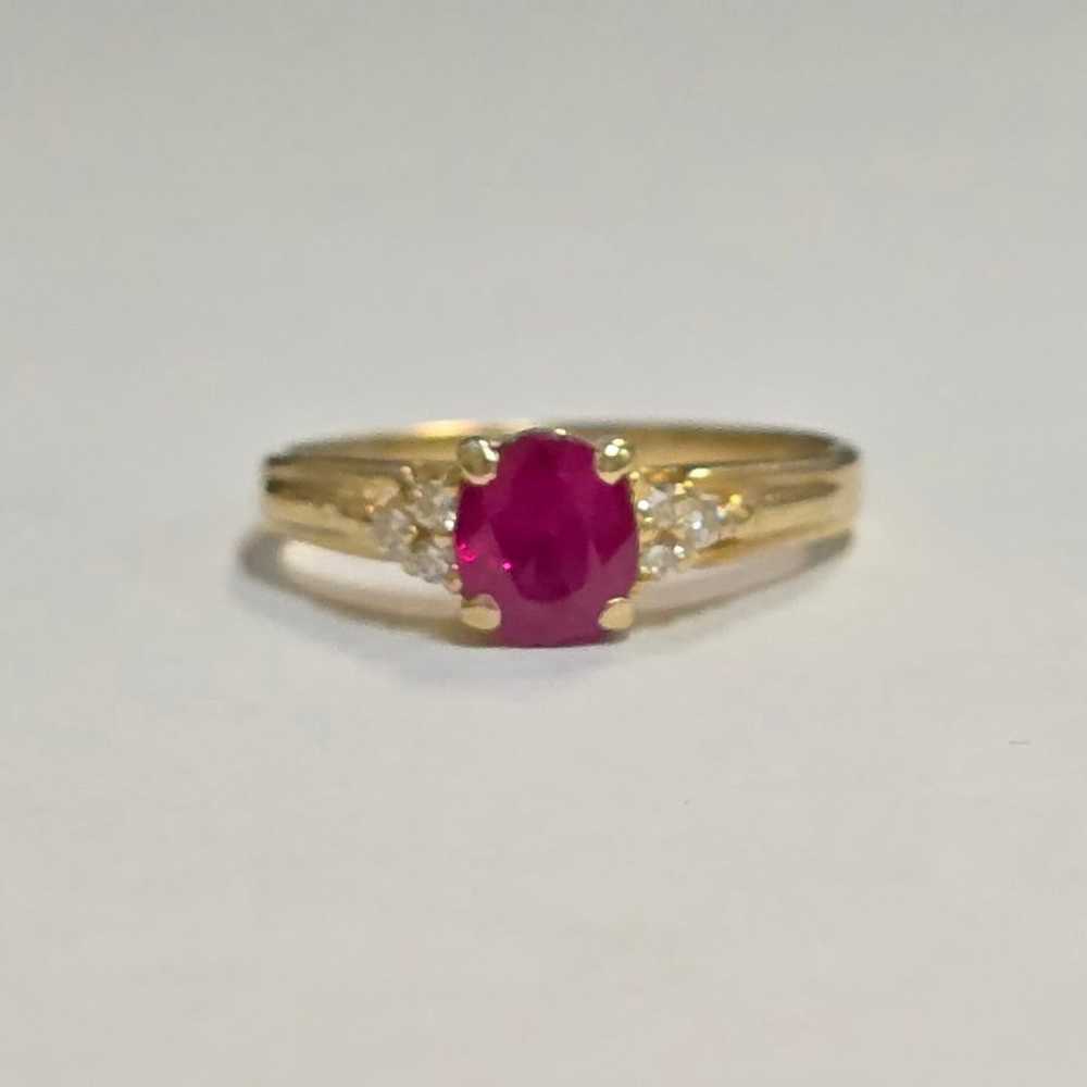 Vintage 18k yellow gold Lab Ruby and diamond ring - image 1