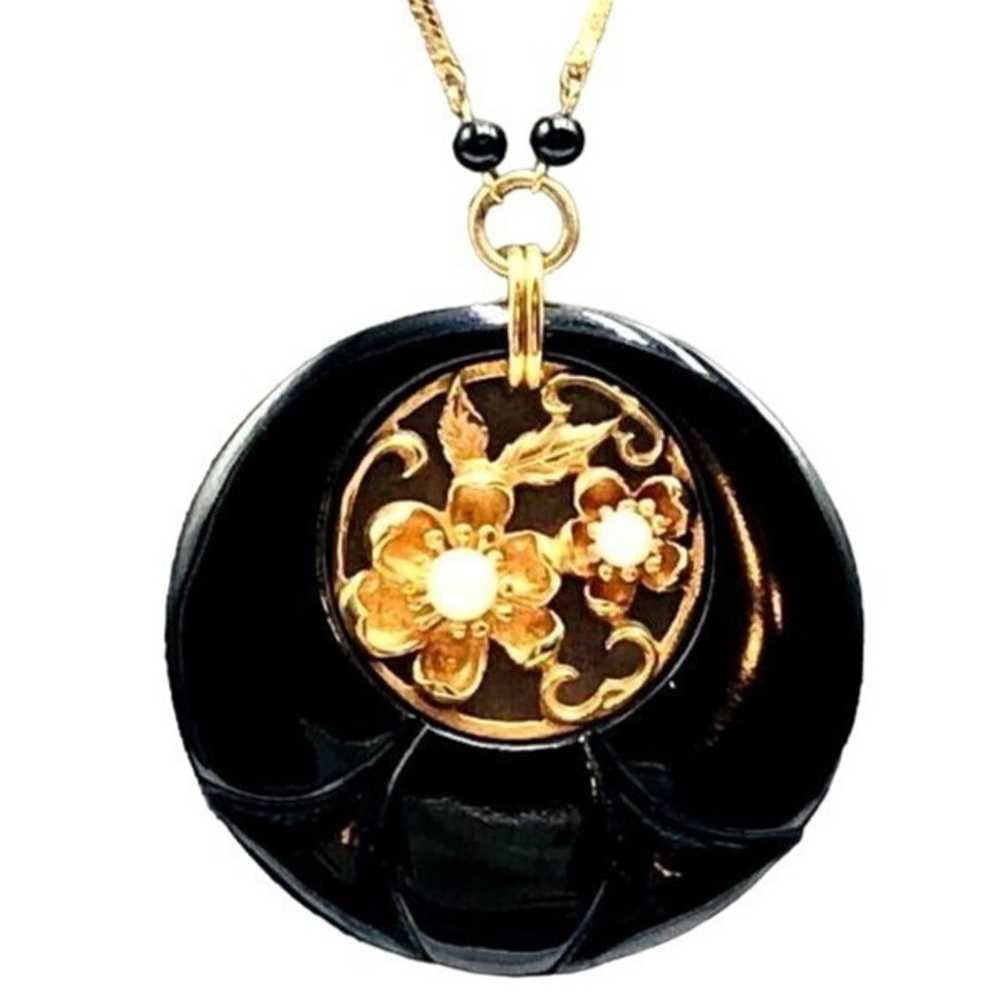 14k Yellow Gold Womens Necklace Black Onyx Pearl … - image 1